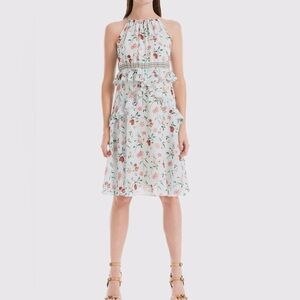 Max Studio London Melina Georgette Floral Print Blue Pink Tier Ruffle Dress $138